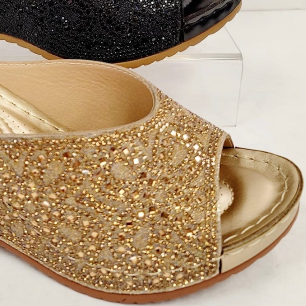 Selling Fast! Italina Gold Rhinestone Embellished Wedding Shoe or Dressy Wedge - Picture 3 of 11